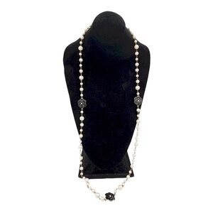 Long Goldtone Faux Pearl Black Enameled Flowers Beaded Necklace